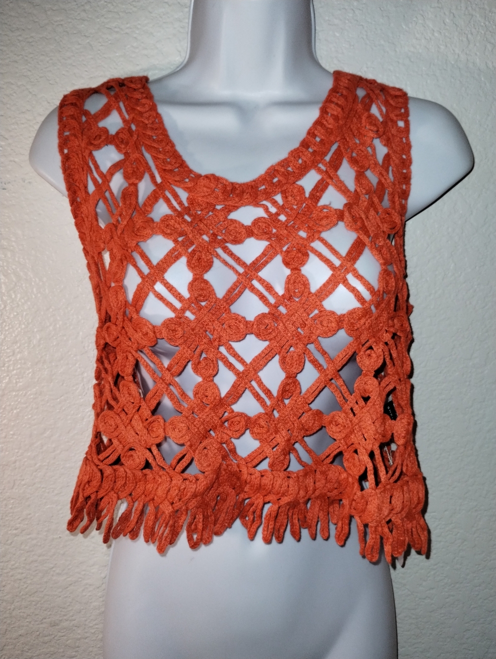 Crochet Openwork Fringe Tank Top - Orange ONE SIZE